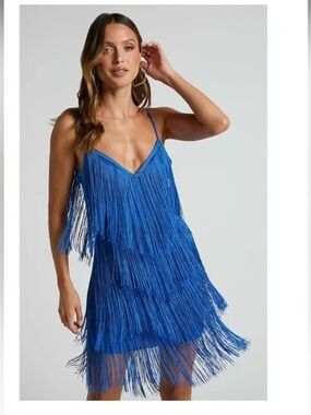 Zara Electric Blue Fringe Mini Dress z